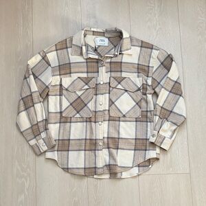 Zara Kids Cream and Brown Plaid Button-Down Shirt